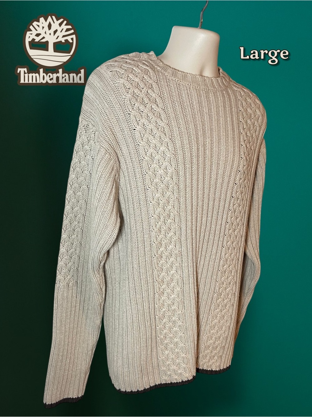 Timberland 100% Cotton Beige Men's Cable Crewneck Sweater Size Large